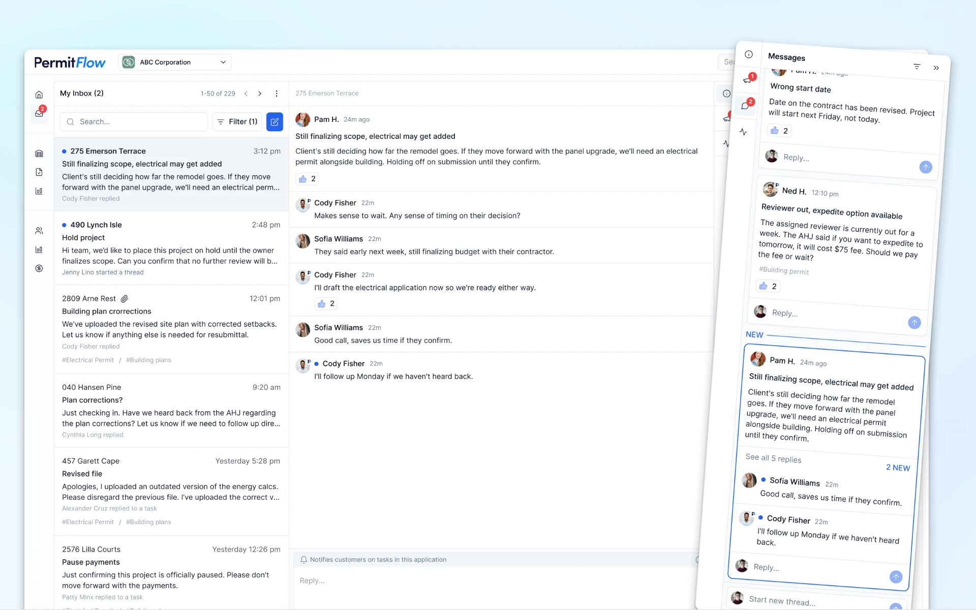 PermitFlow Message Hub showing a centralized inbox, conversation thread, and message activity panel